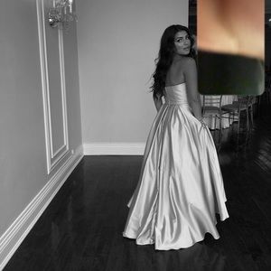 blush pink ball gown. strapless, long, full, maxi dress, shiny.